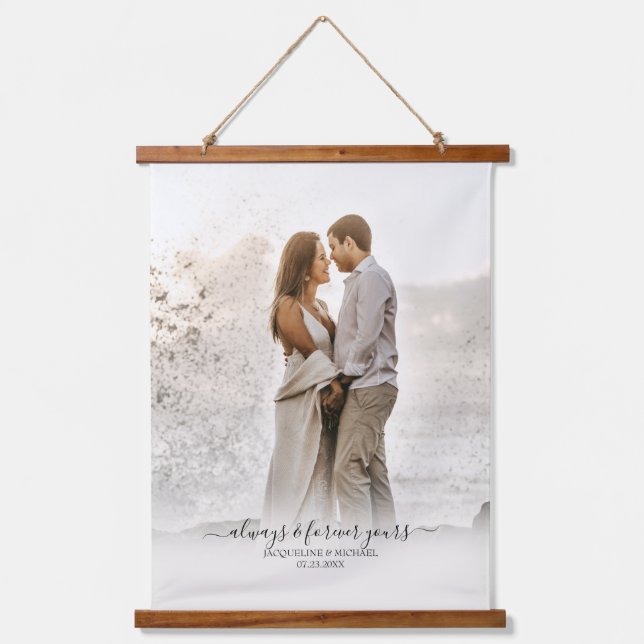 Simple Modern Elegant Script Wedding Photo Banner Hanging Tapestry (Front)