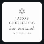 Simple Modern Elegant Star of David Bar Mitzvah Square Sticker<br><div class="desc">Design is composed of sans serif typography and playful cursive script typography on a simple background. 

Available here:
http://www.zazzle.com/store/selectpartysupplies</div>