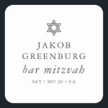 Simple Modern Elegant Star of David Bar Mitzvah Square Sticker<br><div class="desc">Design is composed of sans serif typography and playful cursive script typography on a simple background. 

Available here:
http://www.zazzle.com/store/selectpartysupplies</div>