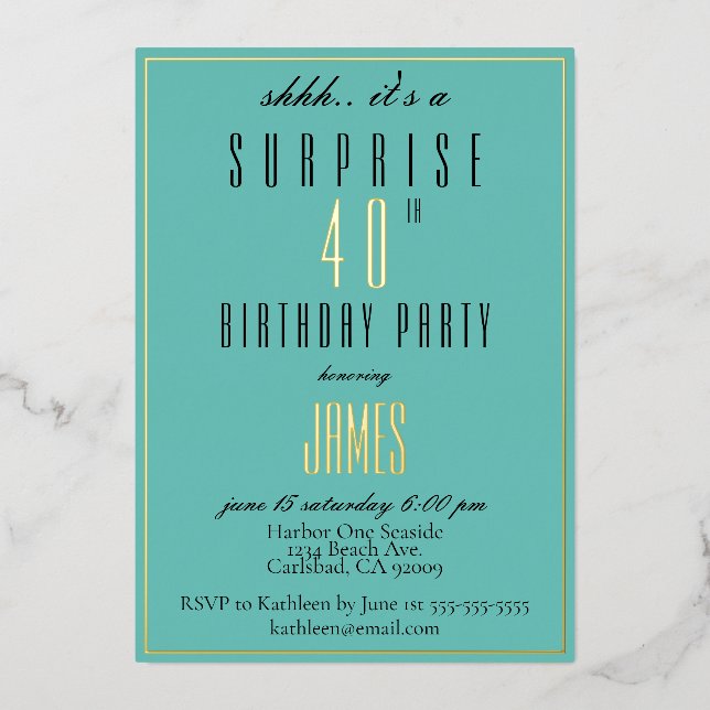 Simple Modern Elegant Teal Black 40th Birthday Inv (Front)