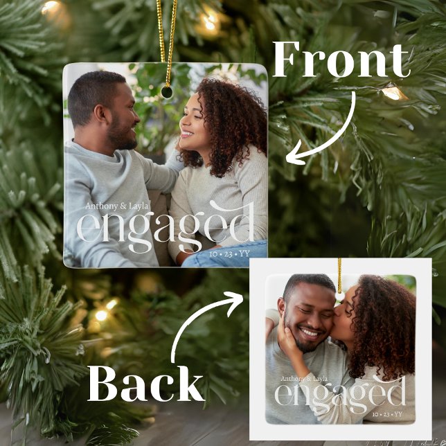 Simple Modern Engaged 2 Photos Editable Colour Xma Ceramic Ornament (Creator Uploaded)