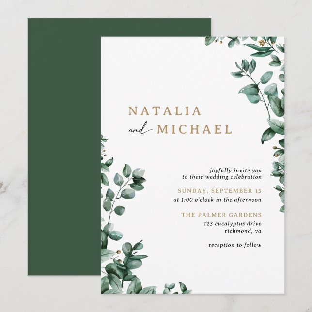Simple Modern Eucalyptus Greenery | Casual Wedding Invitation (Front/Back)
