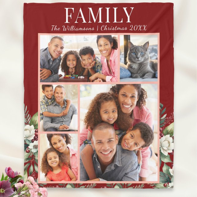 Simple Modern Family Christmas Photo Collage Fleece Blanket (A cozy fleece blanket personalized with your choice of photos, your name and the year)