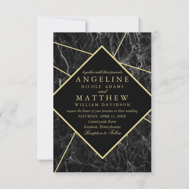 Simple modern faux gold diamond marble wedding invitation (Front)