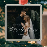 Simple Modern First Christmas as Mr & Mrs Photo Metal Ornament<br><div class="desc">Our first Christmas as Mr and Mrs,  newlywed milestone photo ornament. A modern typography for this photo ornaments collection. To customize with your favourite picture. You can also easily change the colour of the font to your liking.</div>