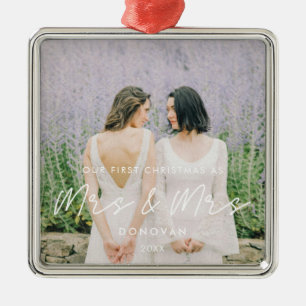 Simple Modern First Christmas as Mrs & Mrs Photo Metal Ornament