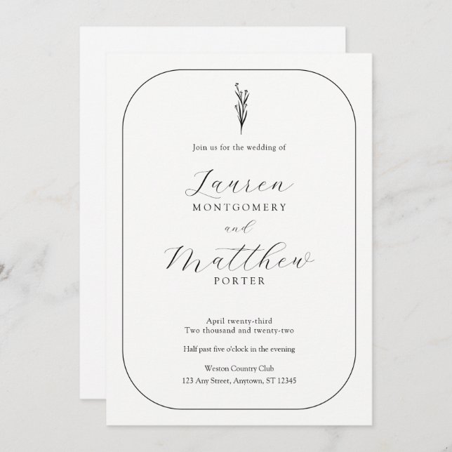 Simple Modern Floral Black and White Wedding Invitation (Front/Back)