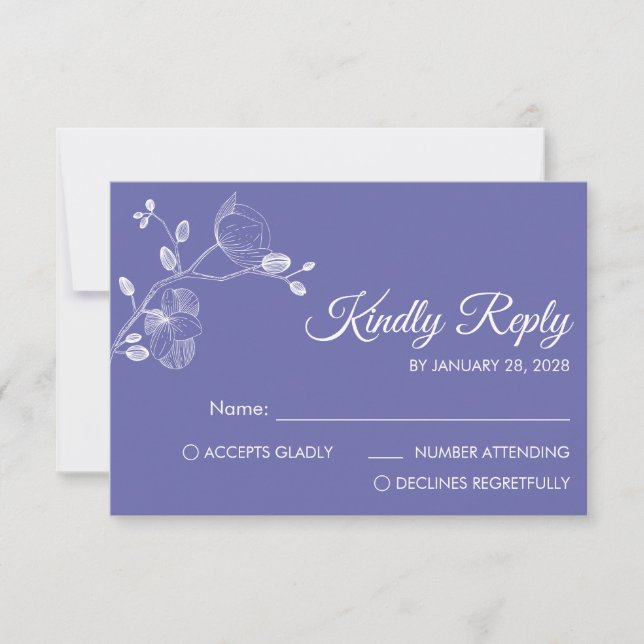 Simple modern floral elegant orchids periwinkle RSVP card (Front)