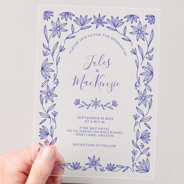Simple Modern Floral Line Art Blue Wedding Acrylic Invitations (Pretty blue line art floral botanical acrylic wedding invitation)