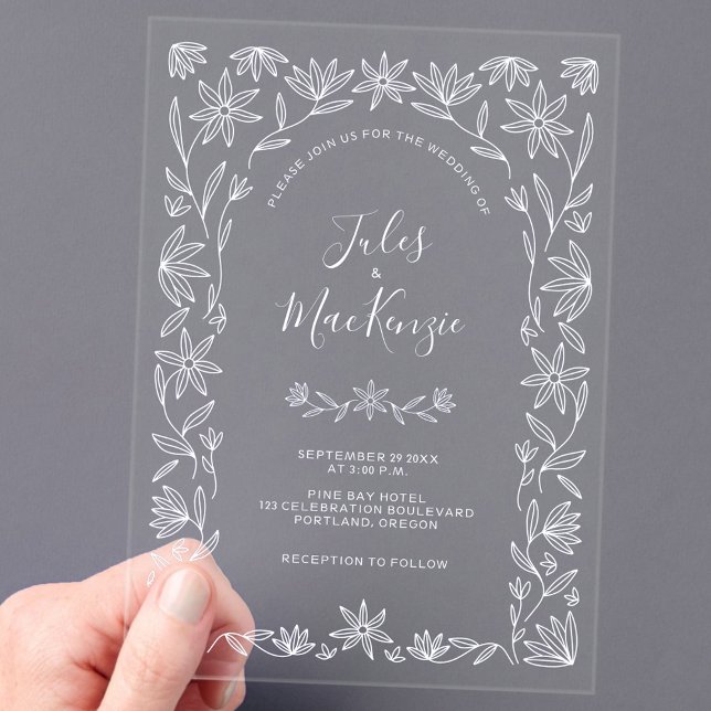 Simple Modern Floral Line Art White Wedding Acrylic Invitations (Modern fresh botanical floral line art unique acrylic wedding invitation)