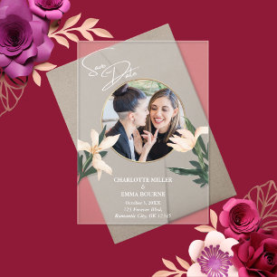Simple Modern Floral Photo Wedding Save The Date Acrylic Invitations