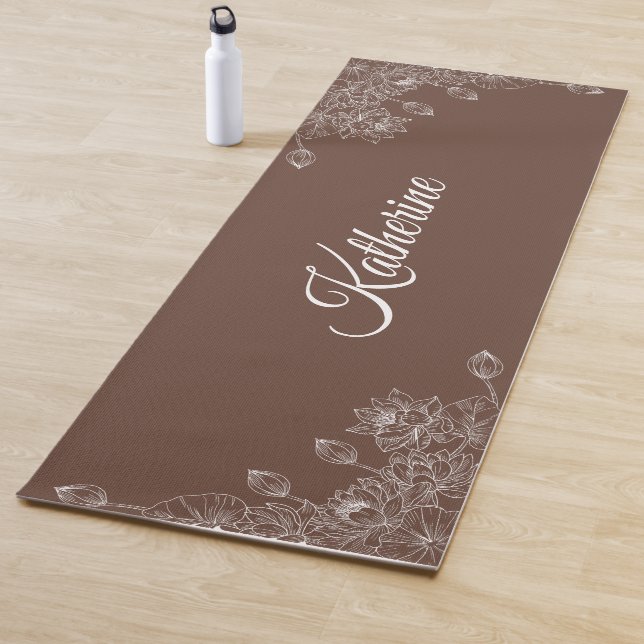 Simple Modern Floral Script Name Brown Lotus  Yoga Mat (In Situ)