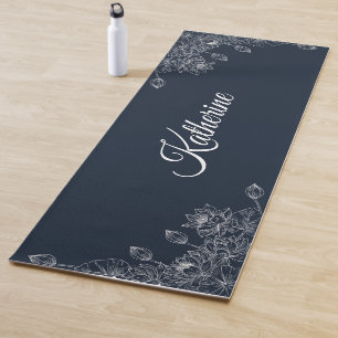 Simple Modern Floral Script Name Navy Blue Lotus  Yoga Mat