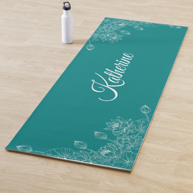 Simple Modern Floral Script Name Teal Lotus  Yoga Mat (In Situ)