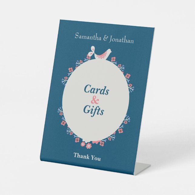 Simple Modern Folk Style Blue Wedding Pedestal Sign (Front)