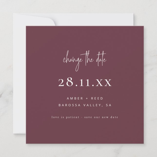 Simple Modern Font Square Burgundy Change The Date Invitation (Front)