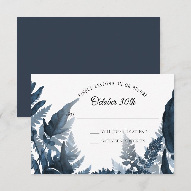 Simple Modern Forest Fern Blue and White RSVP Invitation (Front/Back)