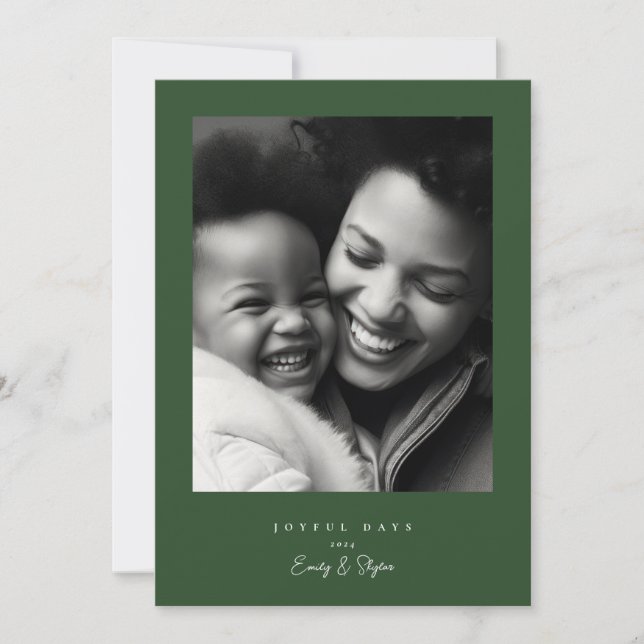 simple modern frame joyful green & white Christmas Holiday Card (Front)