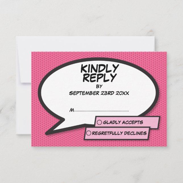 Simple Modern Fun Pink Comic Book Speech Bubble RSVP Card (Front)