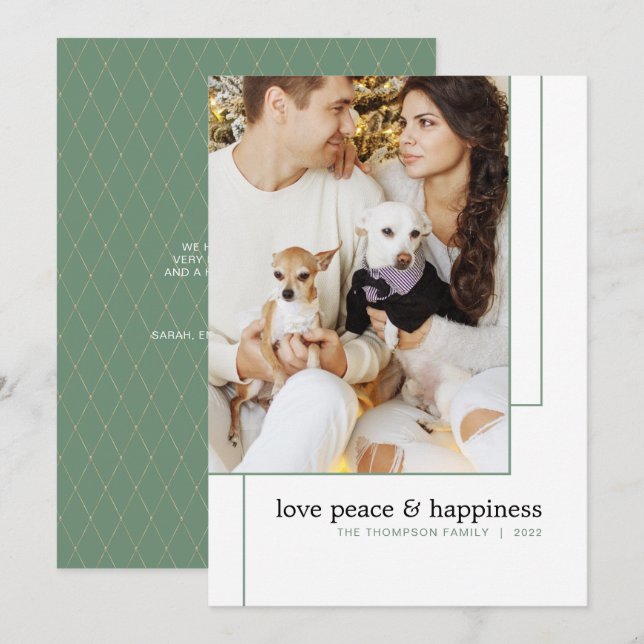 Simple Modern Geometric Line Green Photo Holiday Card (Front/Back)