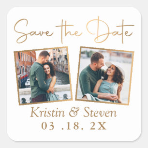 Simple Modern Gold 2 Photo Save The Date Square Sticker