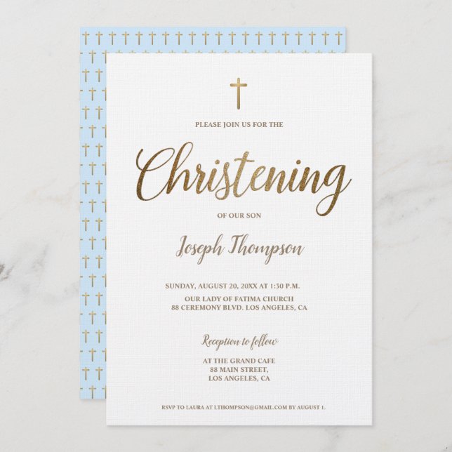 Simple Modern Gold Cross boy blue Christening Invitation (Front/Back)