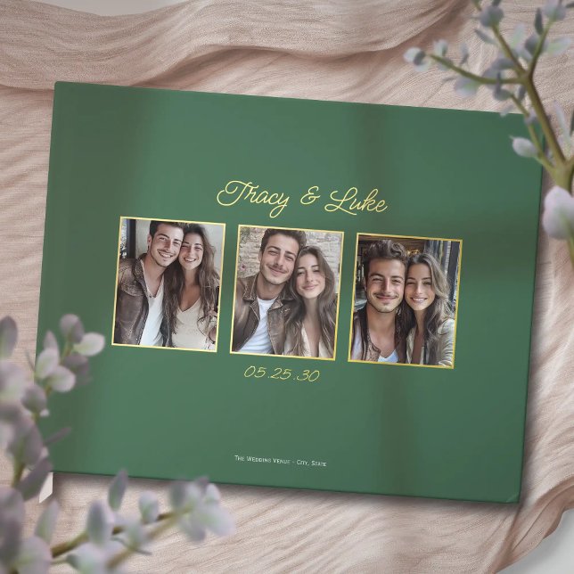 Simple Modern Gold Frame with Three Couple Photos  Guest Book (Simple Modern Gold Frame with Three Couple Photos Wedding Guest book. Elegant guestbook for wedding.)