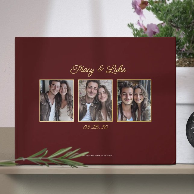 Simple Modern Gold Frame with Three Couple Photos  Guest Book (Simple Modern Gold Frame with Three Couple Photos Wedding Guest book. Elegant guestbook for wedding.)