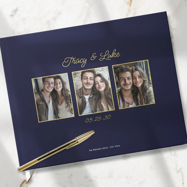 Simple Modern Gold Frame with Three Couple Photos  Guest Book (Simple Modern Gold Frame with Three Couple Photos Wedding Guest book. Elegant guestbook for wedding.)