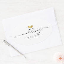 Simple Modern Gold Heart Wedding Oval Sticker