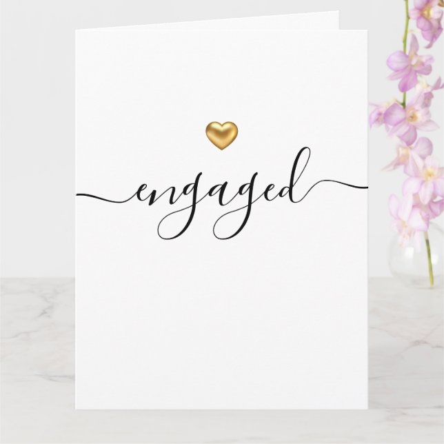 Simple Modern Gold Heart White Engaged Card (Orchid)