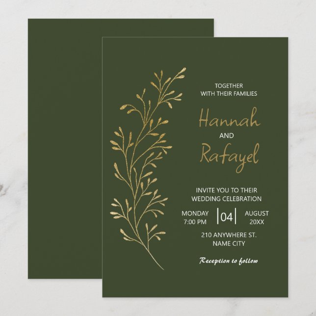 Simple Modern Gold Leaf Green Wedding Invitation (Front/Back)