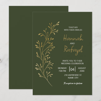 Simple Modern Gold Leaf Green Wedding Invitation