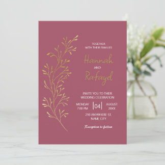 Simple Modern Gold Leaf Rose Wedding Invitation