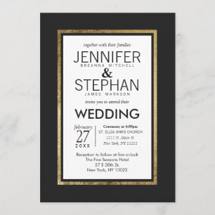 Simple Modern Gold Lined Black White Wedding Invitation