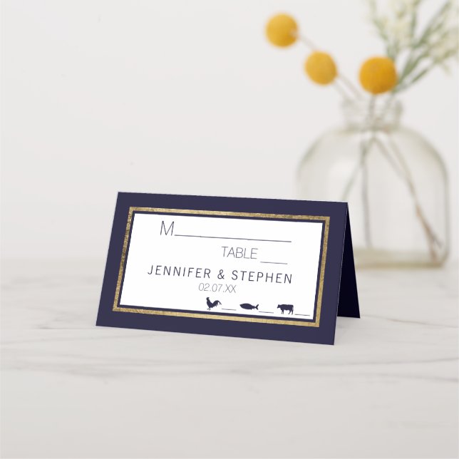 Simple Modern Gold Lined Navy Blue Meal Wedding Place Card (Front)