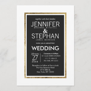 Simple Modern Gold Lined White Black Wedding Invitation