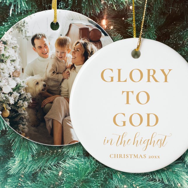 Simple Modern Gold Religious Christmas Ceramic Ornament (Simple, modern, religious Christmas ornament in gold and white with Glory to God in the Highest)