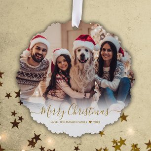 Simple Modern Gold Script 2 Photo Christmas Ornament Card