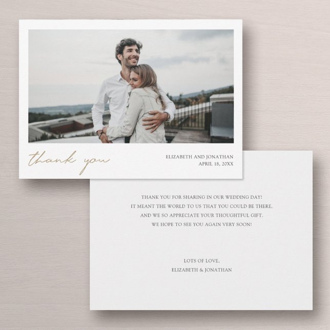 Simple Modern Gold Script Custom Photo Wedding Thank You Card (Creator Uploaded)