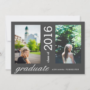 Simple Modern Graduate Two Photos Charcoal Black Invitation
