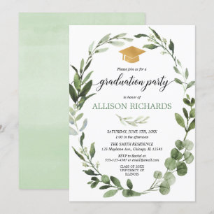 Simple modern graduation party greenery green gold invitation