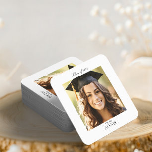 Simple Modern Graduation Party Photo  Square Paper Coaster
