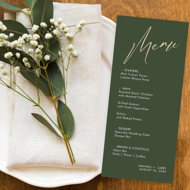 Simple & Modern Green and Gold Wedding Menu Card (Creator Uploaded)
