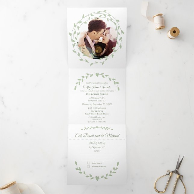 Simple Modern Green Ash Wedding  Tri-Fold Invitati (Inside)