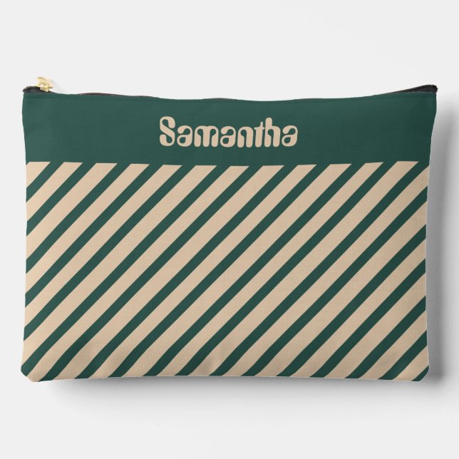 Simple Modern Green Beige Cross Stripes Accessory Pouch (Front)
