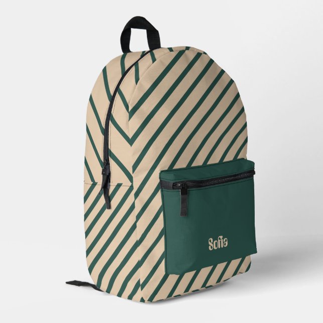 Simple Modern Green Beige Cross Stripes Printed Backpack (Back Corner Left)