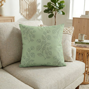 Simple Modern Green Floral Pattern On Green Throw Pillow