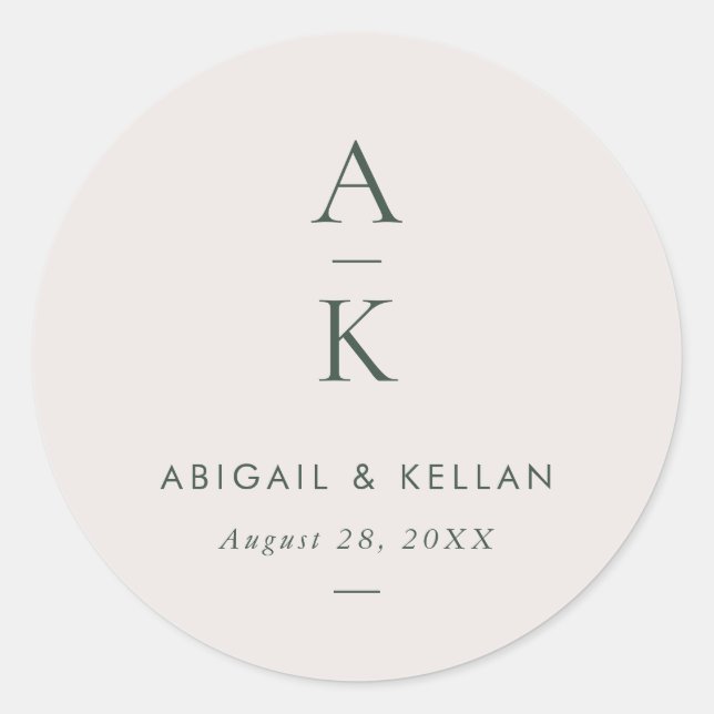 Simple Modern Green Monogram Mix Match Wedding Classic Round Sticker (Front)