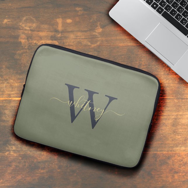 Simple Modern Green Monogram Name & Initial Laptop Sleeve (Creator Uploaded)
